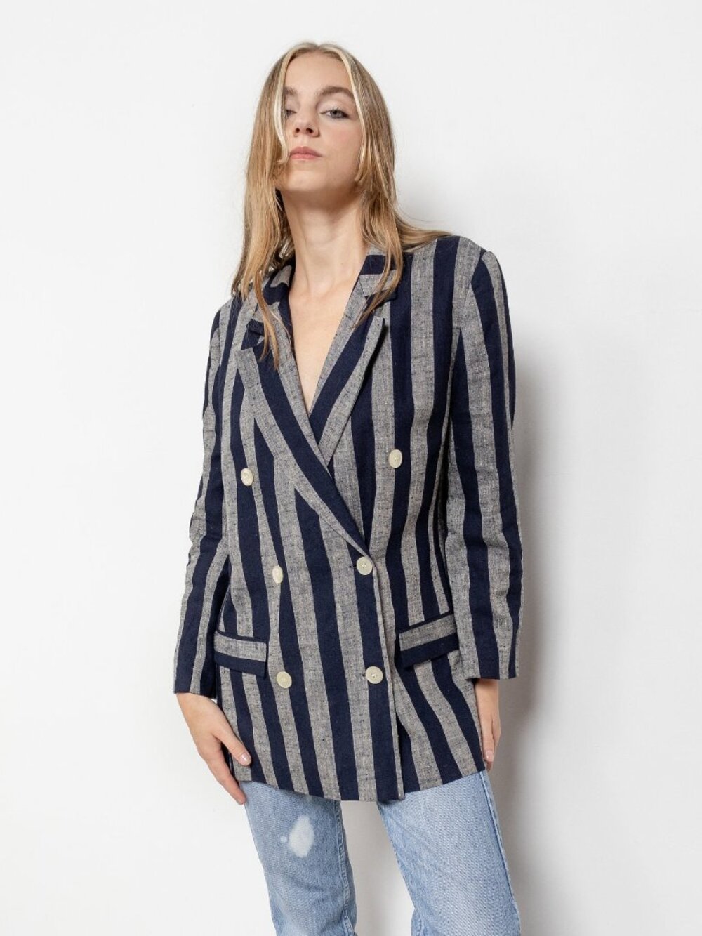 STRIPE LINEN BLAZER Double Breasted Vintage Small - Picture 4 of 10